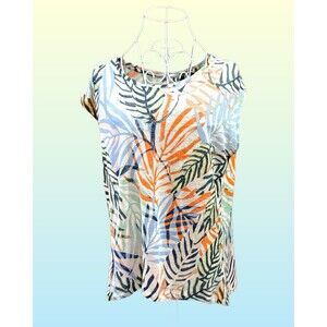 TAHARI 100% Linen Slub Knit Button Back Women’s T-Shirt Top Size M in Leaf Print